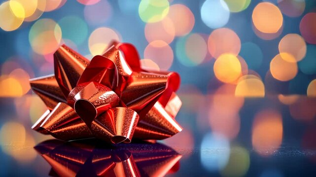 Red gift bow with colorful bokeh background. Festive decoration and celebration concept