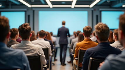 Obraz premium Modern conference room filled with attentive diverse audience listening focused on blurred professional speaker presenter man or college teacher presenting with projection screen in distance at front.