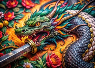 Naklejka premium Intricate Sword and Dragon Tattoo Design Showcasing Fantasy Elements and Detailed Artwork Style
