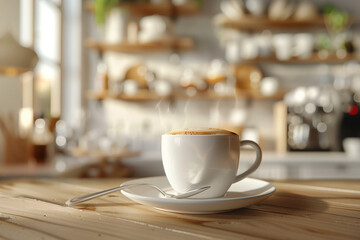 Obraz premium Photography of steaming cup of coffee with a spoon and latte art design in a modern coffee shop with warm lights.