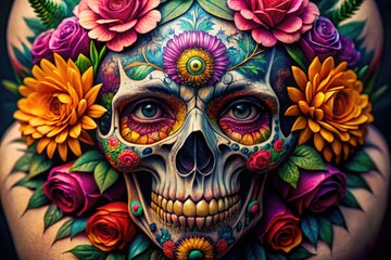 Naklejka premium Intricate Tattoo Design Featuring a Flower Skull with Detailed Floral Elements and Artistic Flair