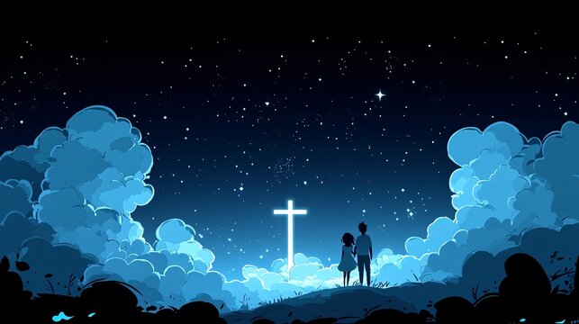 Serene Night: Couple in silhouette against starry sky and luminous cross. Watercolor Christian Painting. All Saints Day All Souls Day holiday banner, background, wallpaper