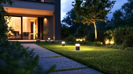 Contemporary house with minimalist design and outdoor lighting generative ai