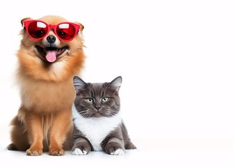 Obraz premium Stylish Duo: Playful dog and cat in sunglasses showing friendship and fun