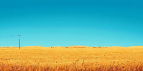 Fototapeta premium Single Power Line in a Field with Blue Sky