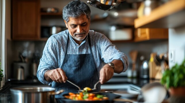Middle-aged man cooking dinner in cozy kitchen environment