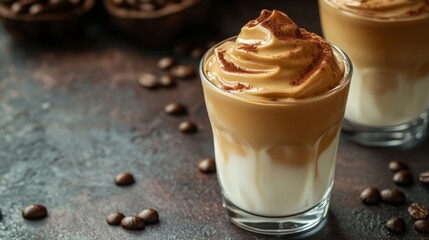 Dalgona Coffee. Smooth and creamy iced whipped drink with coffee and milk foam generative ai
