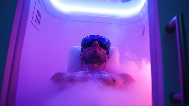 Cryotherapy experience: patient undergoing high-tech cold therapy in a modern chamber