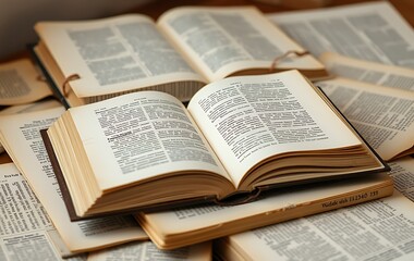 Obraz premium Opened Book on a pile of old books, panorma, good copy space