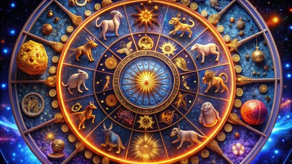 Intricate Zodiac Symbols Representing Each Astrological Sign in a Vibrant Celestial Design