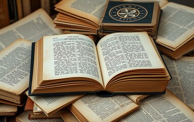 Obraz premium Opened Book on a pile of old books, panorma, good copy space