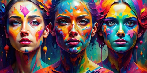 Obraz premium Intriguing Abstract Art Composition Featuring Stylized Faces in Vibrant Colors and Shapes