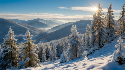 Snow-covered trees in a peaceful winter forest landscape during daytime, featuring a white, ice-cold nature scene in the woods