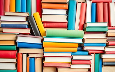 Books. A lot of books with bright covers in one pile isolated on white background. Place for text. Design element, paper and leather texture. Colorful books on the shelf, close up
