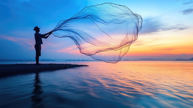Silhouette of Fisherman Casting Net at Sunrise Over Tranquil Lake with Vibrant Sky Reflections and Serene Water Surface