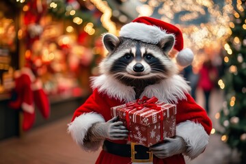 A cute raccoon dressed in a Santa Claus outfit holds a beautifully wrapped Christmas present.