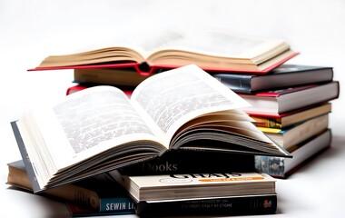 pile of books with one book open on white background
