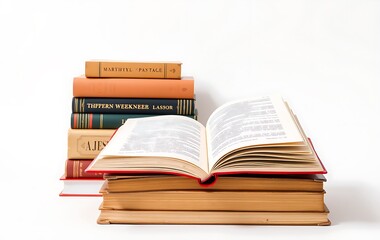pile of books with one book open on white background
