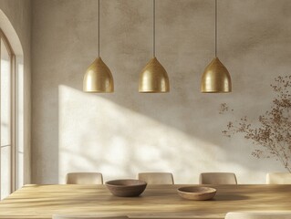 Contemporary Dining Room with Golden Suspended Lighting and Natural Wood Tones