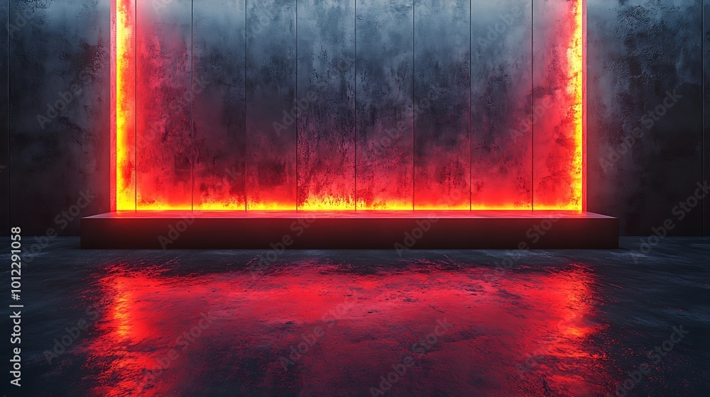Poster glowing red neon light frame on a concrete wall with a platform in front of it.