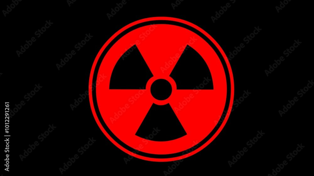 Poster video animation red symbol radioactive alert, on a transparent background with alpha channel at zero