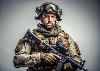 Isolated Soldier in Uniform with Gear Ready for Action on a White Background in Studio Setting