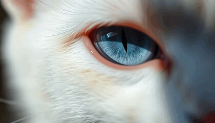 Close-up of a white cat's mesmerizing blue eyes accentuated by delicate fur
