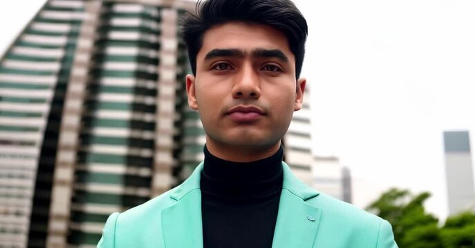 Retrato de un joven y feliz hombre de negocios indio con traje sonriendo