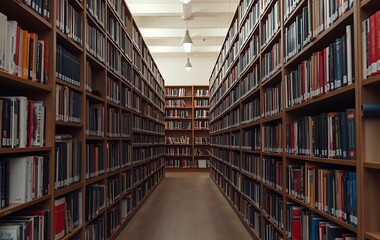 Obraz premium Library with many shelves and books, diminishing perspective and shallow dof 