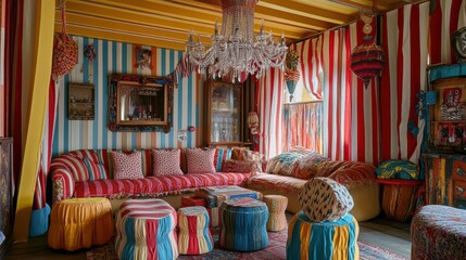 Vibrant circus-themed living room with striped fabrics and elegant chandelier decor