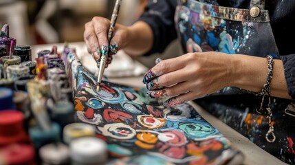 Artisan painting a vibrant canvas tote bag in a creative studio setting