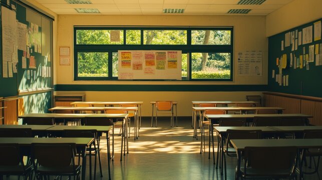 Bright classroom with neatly arranged desks and chairs illuminated by natural light for educational environment themes