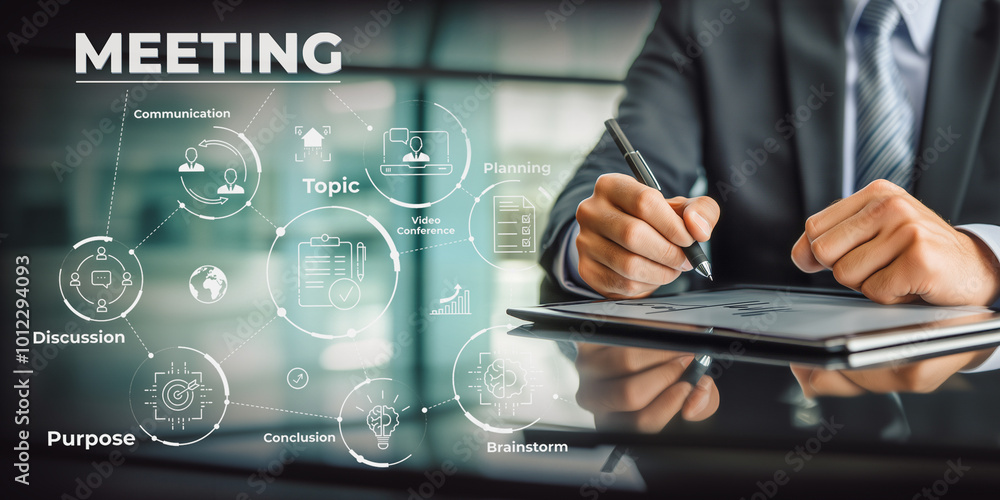 Aufkleber business executive engaged in a digital meeting; interface displaying various organizational tools a