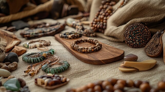 Eco-friendly handmade jewelry display featuring natural materials and sustainable fashion accents