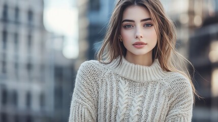 Fototapeta premium Chic urban fashion: stylish young woman modeling a knit sweater for fall trends