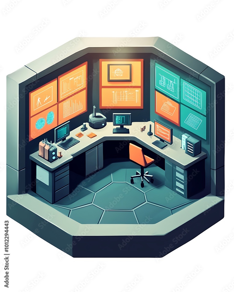Poster futuristic tech control room with multiple monitors and desk