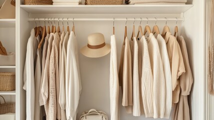 Minimalist neutral wardrobe setup with knitted textures and woven baskets for organizing inspiration
