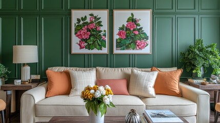 Elegant preppy style living room with floral accent wall decor for interior design inspiration