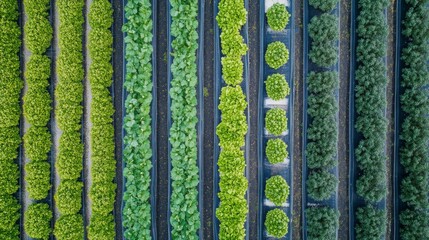 Aerial View of Rows of Lush Green Crops in a Farm Field