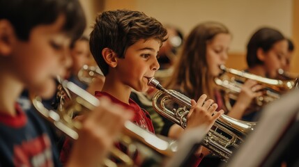School band rehearsal with young musicians playing musical instruments for concert preparation