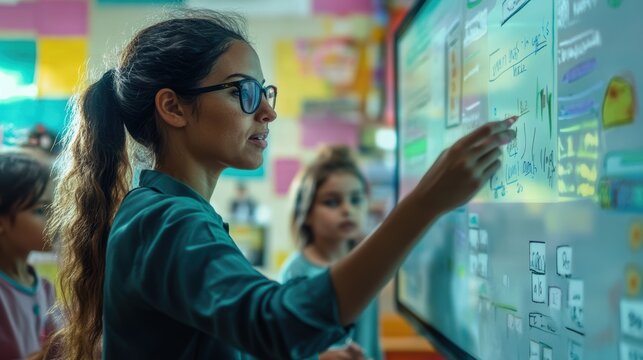 Engaging classroom scene with teacher explaining math problem on smartboard