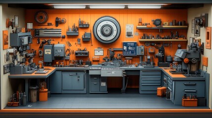 A meticulously organized workshop with a variety of tools and machinery, all neatly arranged on shelves and workbenches against an orange wall.
