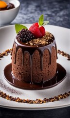 Decadent chocolate cake adorned with fresh raspberries, drizzled with rich chocolate sauce, perfect combination of sweet, tart flavors. For advertise cafe, patisserie, restaurant, food blog, cookbook.