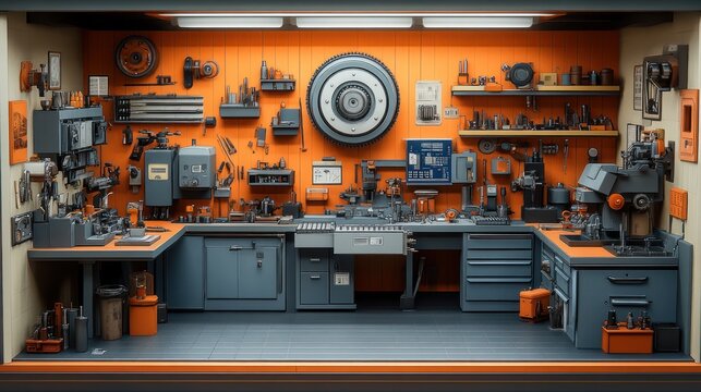 A meticulously organized workshop with a variety of tools and machinery, all neatly arranged on shelves and workbenches against an orange wall.