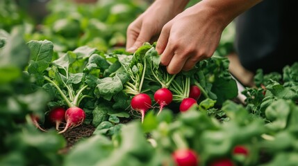 Hand Reaching for Ripe Red Radishes in a Lush Garden Bed
