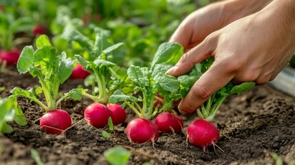 Hand Picking Fresh Red Radishes from the Garden
