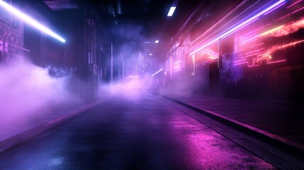 Fototapeta premium A nocturnal scene of an empty street enveloped in darkness and lit by the piercing glow of neon lights. The asphalt floor reflects the eerie illumination, casting long shadows