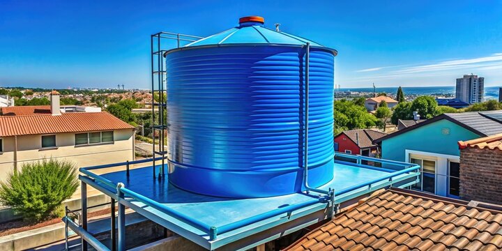 Large blue tinaco water tank on a rooftop against a clear blue sky in a residential neighborhood