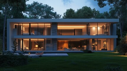 Fototapeta premium Exterior of a modern minimalist house with large windows and green lawn, night scene generative ai