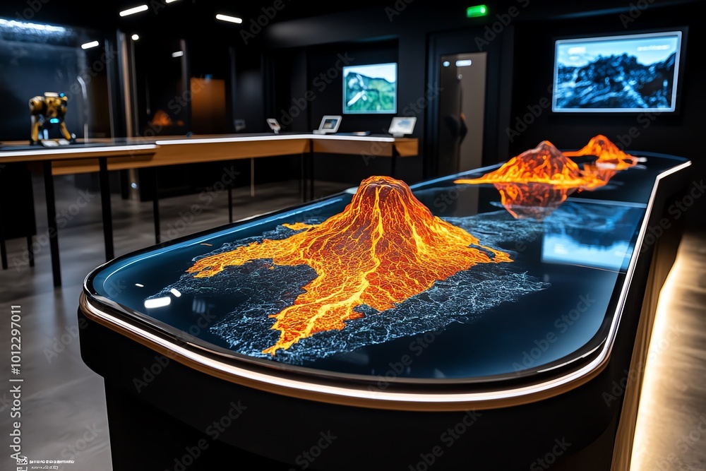 Poster a high-tech geological lab studying the tectonic activity of the great rift valley, with holographic